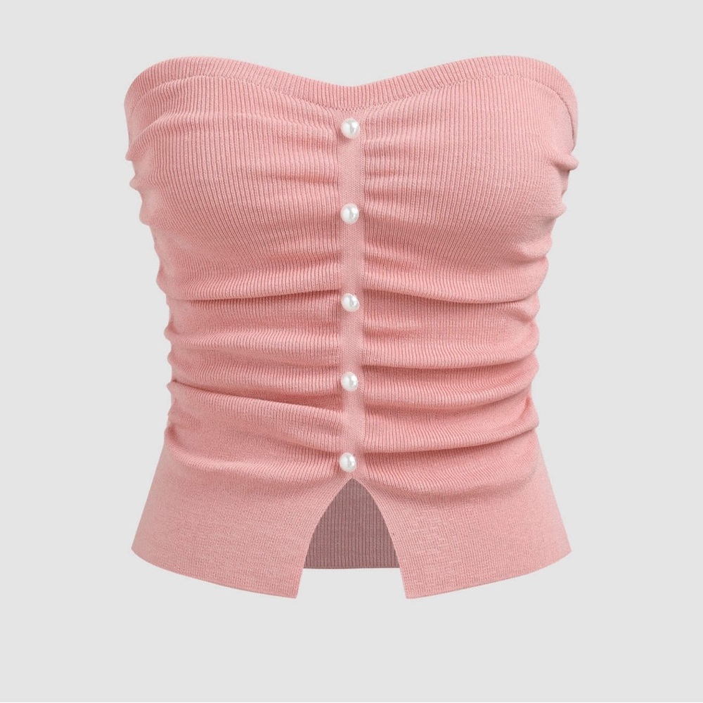 CIDER pink faux pearl split ruched crop top